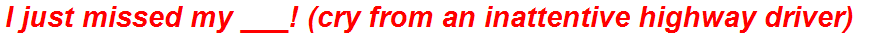 I just missed my ___! (cry from an inattentive highway driver)