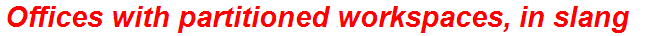 Offices with partitioned workspaces, in slang