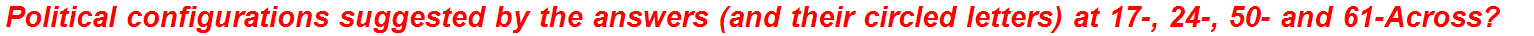 Political configurations suggested by the answers (and their circled letters) at 17-, 24-, 50- and 61-Across?