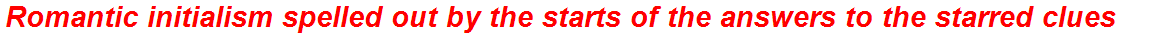 Romantic initialism spelled out by the starts of the answers to the starred clues