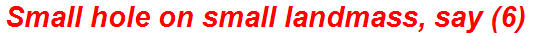 Small hole on small landmass, say (6)