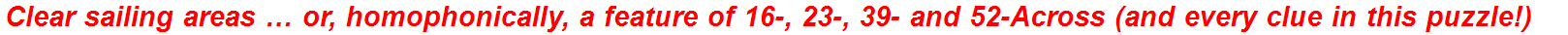 Clear sailing areas … or, homophonically, a feature of 16-, 23-, 39- and 52-Across (and every clue in this puzzle!)