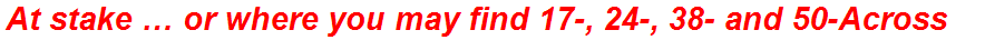 At stake … or where you may find 17-, 24-, 38- and 50-Across
