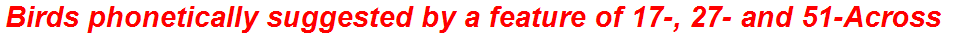 Birds phonetically suggested by a feature of 17-, 27- and 51-Across