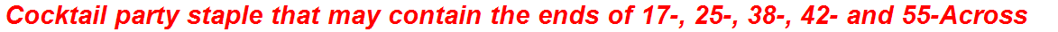 Cocktail party staple that may contain the ends of 17-, 25-, 38-, 42- and 55-Across