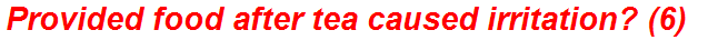 Provided food after tea caused irritation? (6)