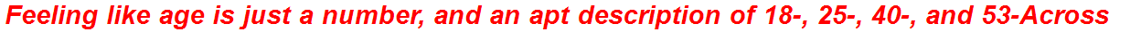 Feeling like age is just a number, and an apt description of 18-, 25-, 40-, and 53-Across