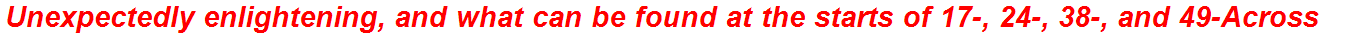Unexpectedly enlightening, and what can be found at the starts of 17-, 24-, 38-, and 49-Across